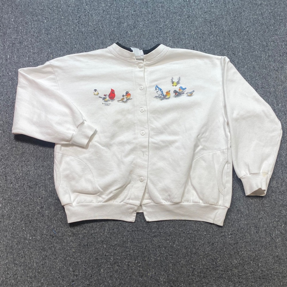 Morning Sun Bird Graphic Cardigan Sz L Womens White Grandma Cottagecore Pockets